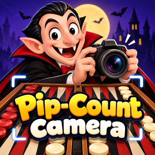 App icon: a cartoon vampire photographing a backgammon board